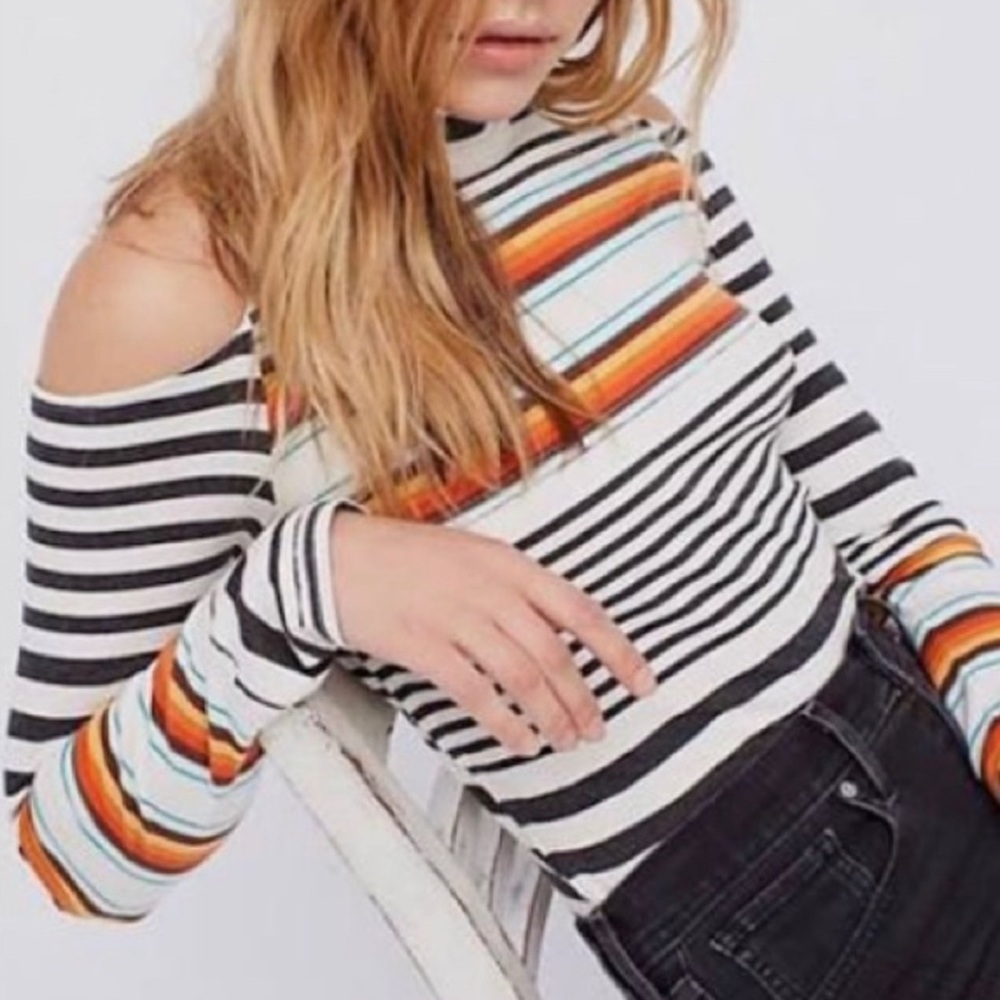 Free People Long rainbow striped sleeve cut out shoulder top - size L